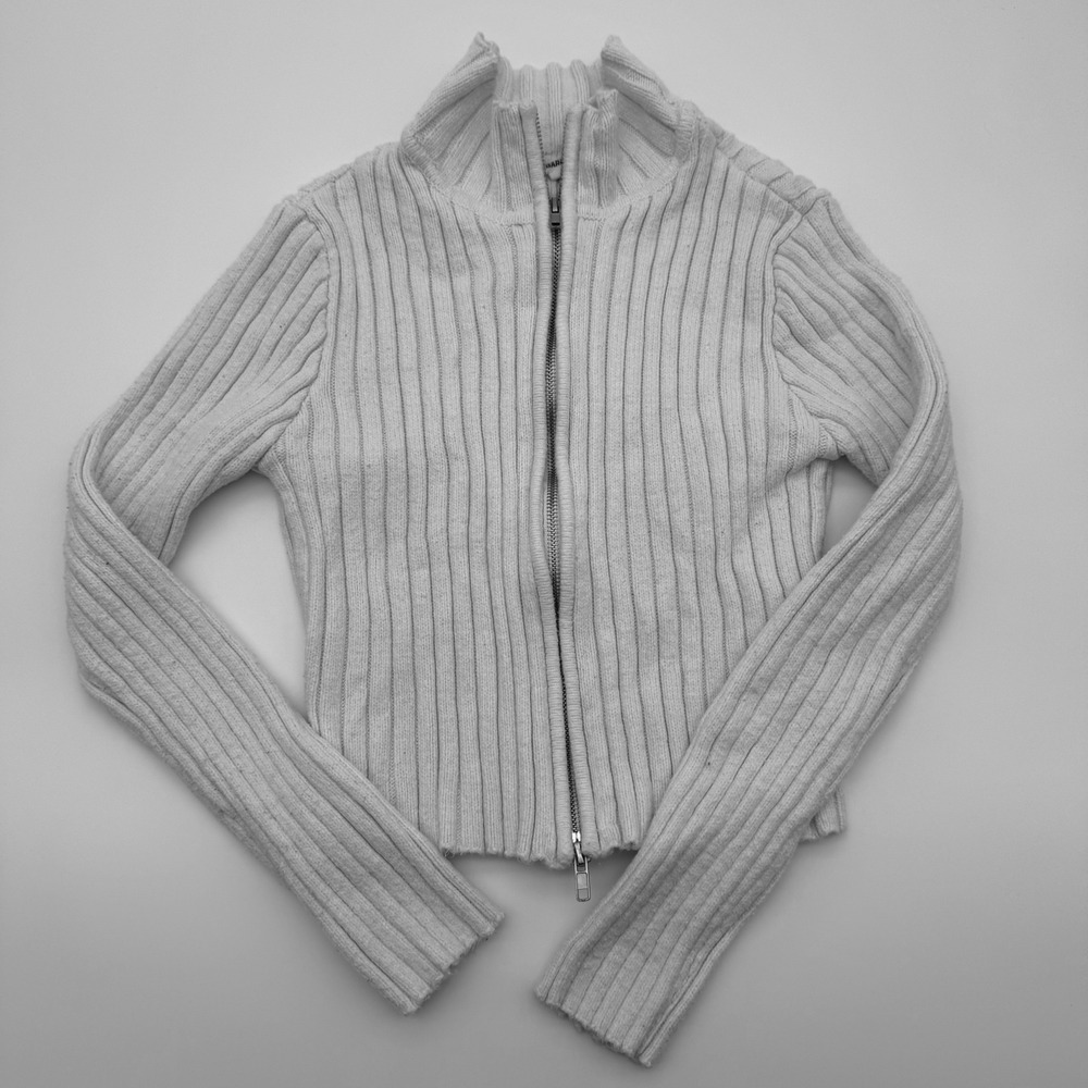 Garage Womens Ribbed Knit Two-Way Zip Up Cardigan Sweater Mock Neck White Size M